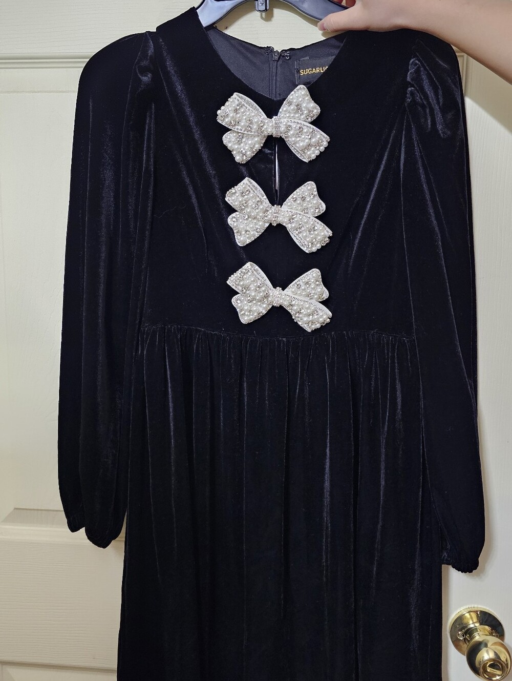 Sugarlips Black Velvet Dress with Silver Glitter and pearls Bows